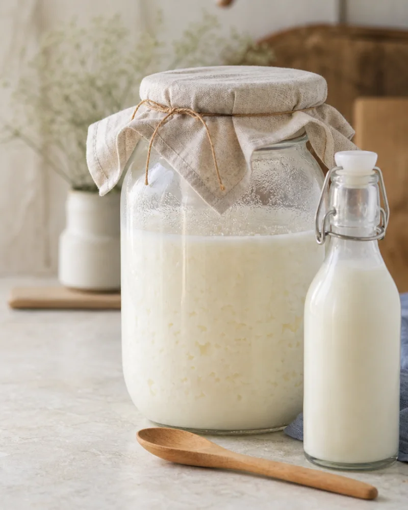 Milk kefir fermenting in a linen-covered glass jar beside a bottle
