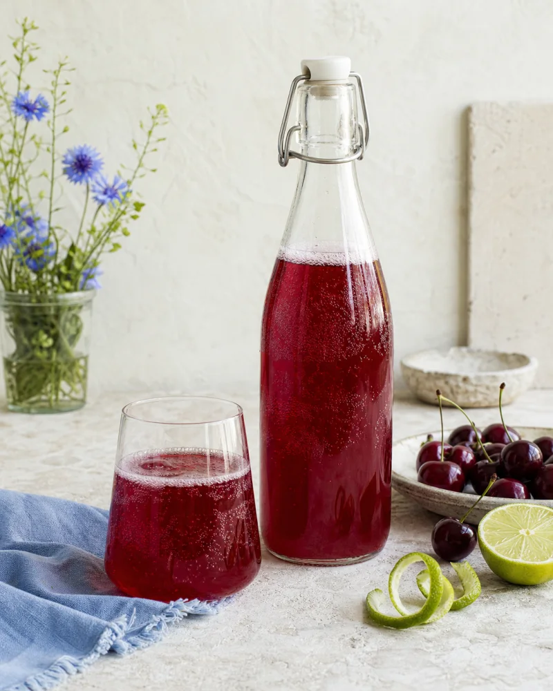 Cherry & lime kefir ready to serve