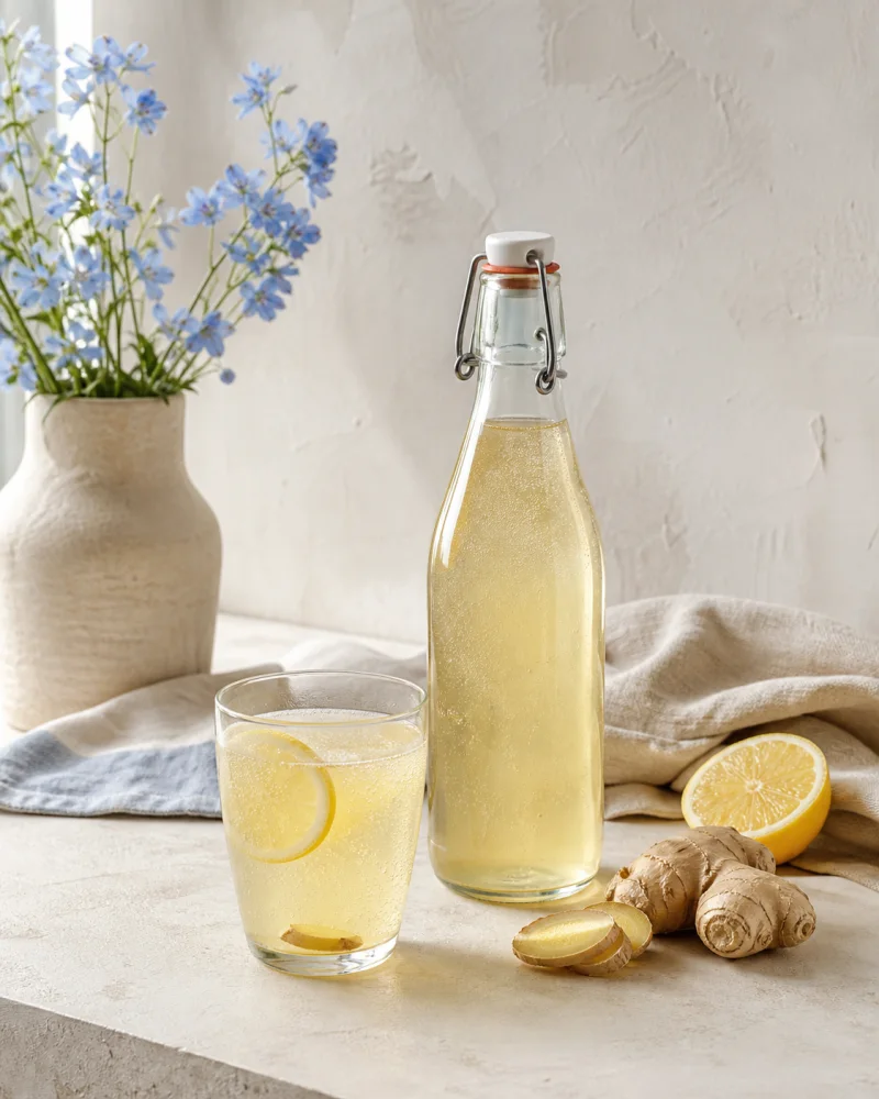 Lemon & ginger fizz kefir ready to serve