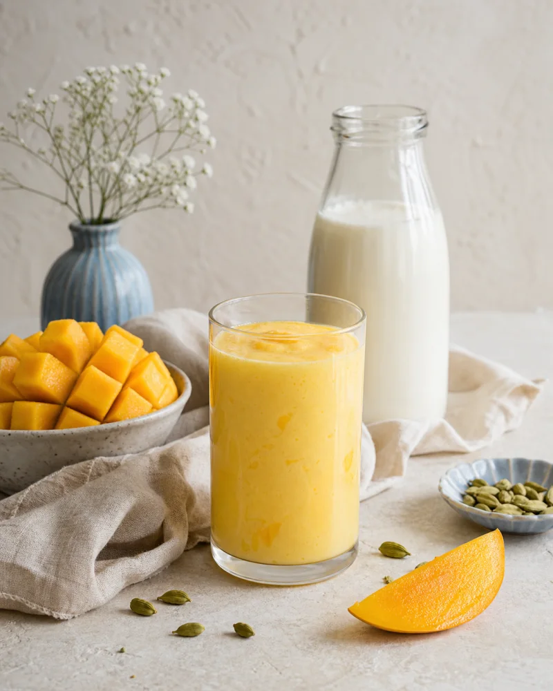 Mango & cardamom lassi kefir ready to serve