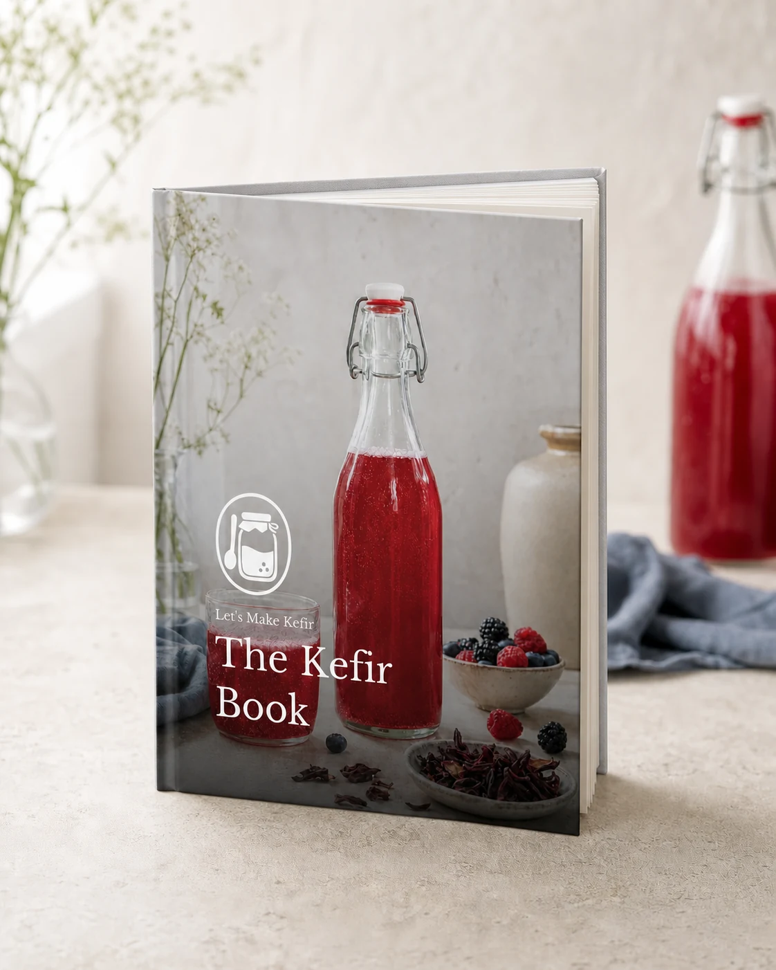 The Kefir Book shown as a hardcover cookbook on a pale farmhouse kitchen counter